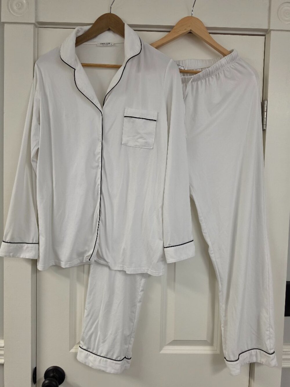 Classic White two-piece long-sleeve pajama set with black piping & single pocket